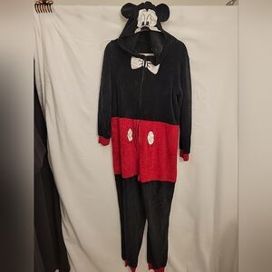 ✅️Disney Large 12/14  Fleece Pajamas Mickey Mouse One Piece Hooded Sleepwear*